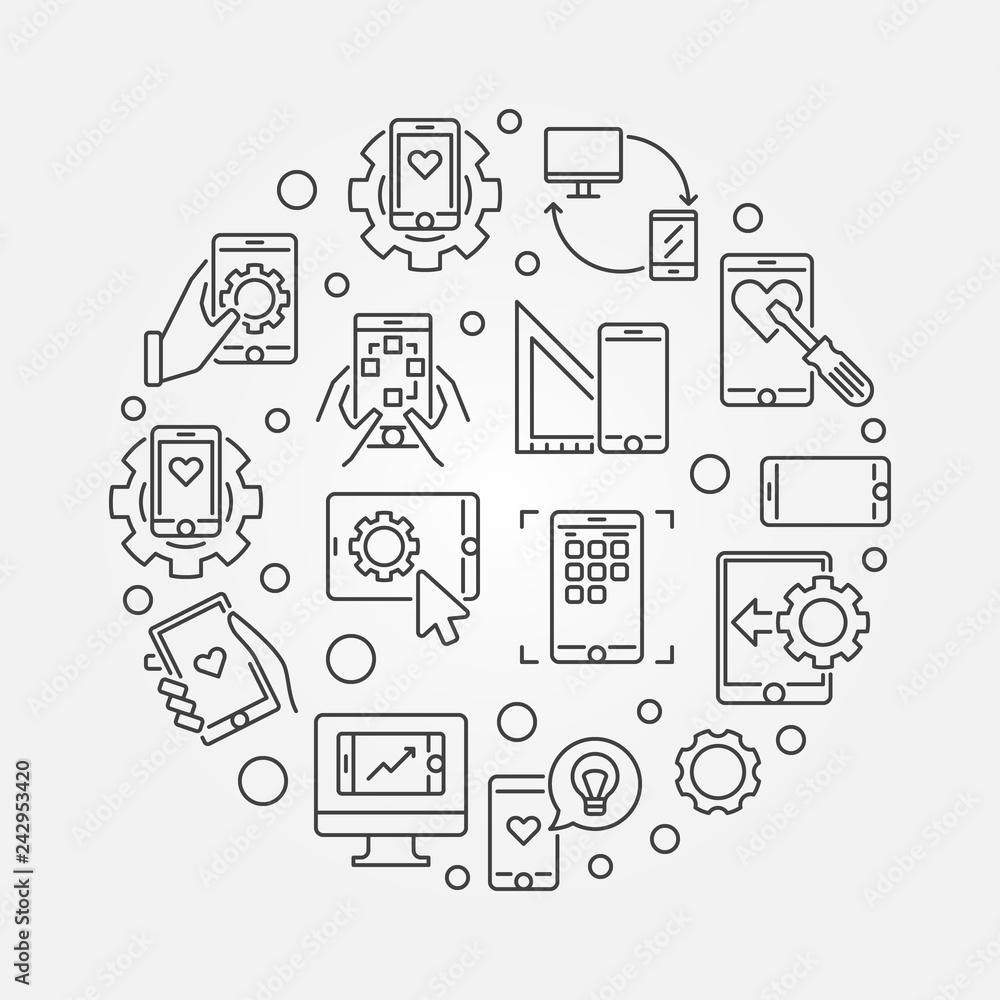 Poster mobile app development vector round simple concept illustration in thin line style
