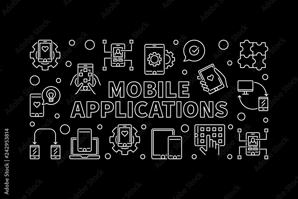 Poster mobile applications vector concept horizontal banner or illustration in thin line style on dark back