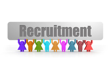 Recruitment word on a banner hold by group of puppets