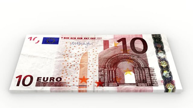 Animazione illustrazione 3D. Crescita pila di banconote da  dieci  euro su sfondo bianco.