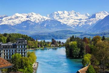 Thuner lake viewed from Thun city with beautiful panorama view to Alps snow mountain scenery -...