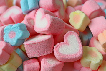 Pile of Pink and White Heart Shaped and Pastel Color Flower Shaped Marshmallow Candies 
