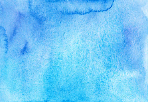 Bright blue watercolor background texture. Blue aquarelle stains on paper. Watercolor hand painting cold backdrop. Abstract art. Light blue watery background. Sky blue template for cards, invitations.