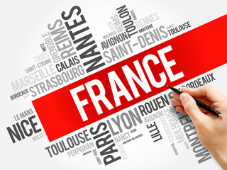 List of cities and towns in France, word cloud collage, travel concept background