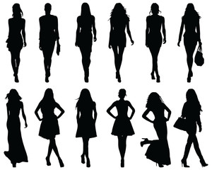 Set beautiful fashion girl silhouette on a white background