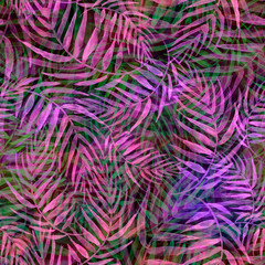 Seamless watercolor pattern, background. Palm leaf background, postcard. pink, purple tropical palm leaf. Illustration for design wedding invitations, greeting cards, wallpaper, paper, textile.