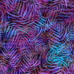Seamless watercolor background from purple, blue tropical leaves, palm leaf, fern, floral pattern. Bright Rapport for Paper, Textile, Wallpaper, design. Tropical leaves watercolor.Fashionable, stylish