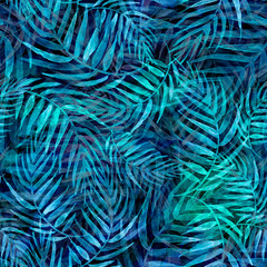 Seamless watercolor background from purple, blue tropical leaves, palm leaf, fern, floral pattern. Bright Rapport for Paper, Textile, Wallpaper, design. Tropical leaves watercolor.Fashionable, stylish