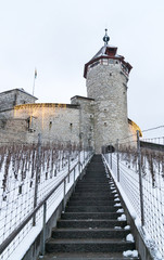 Schaffhausen, SH / Switzerland - January 5, 2019: Munot Castle and vineyards in Schaffhausen covered in snow in deep winter