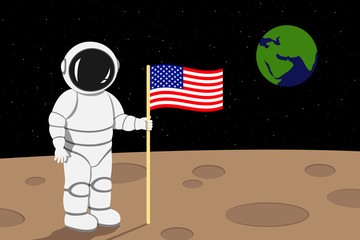 American astronaut lending on moon and hold flag of USA in his hand. Vector illustration.