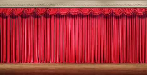 Empty theater stage with red velvet curtains. 