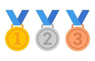 Gold, silver and bronze medals with 1st, 2nd and 3rd place numbers flat vector icons for sports apps and websites
