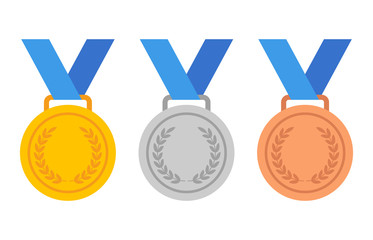 Gold, silver and bronze medals with blue ribbon flat vector icons for sports apps and websites - obrazy, fototapety, plakaty