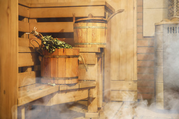 Interior of Finnish sauna, classic wooden sauna, Relax in hot sauna