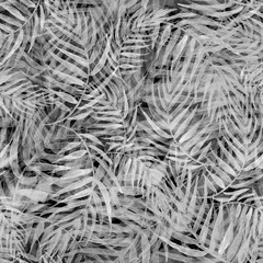 Watercolor seamless background, monochrome. Watercolor Palm leaf background. white  leaves, silhouette, floral pattern on a black background. tropical palm leaf. 