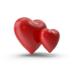 Two Red hearts 3D rendered on white background with shadows