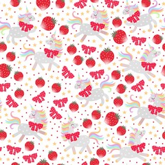 Seamless pattern with funny unicorns , little stars, red dots and strawberry isolated on white background in vector. Print for fabric, wrapping design.