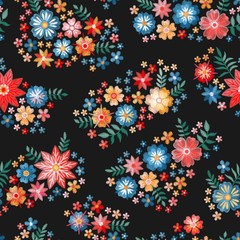 Embroidery flowers. Ditsy seamless pattern with bright embroidered bouquets on black background.