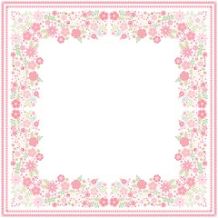 White bandana print with beautiful floral border with light red flowers and green leaves in vector. Square card with space for text.