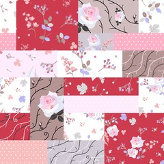 Patchwork seamless pattern with floral and polka dot patches. Print for fabric. Vector illustration.