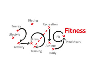 Fitness New Year 2019 word cloud red marks white background vector