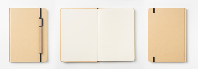 Top view of kraft paper notebook, page, pencil