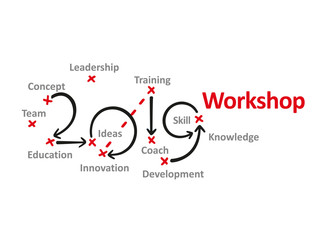 Workshop New Year 2019 word cloud red marks white background vector