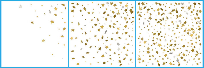 3d gold and silver stars confetti celebrations. Simple festive modern design. Holiday vector. Set 3 in 1