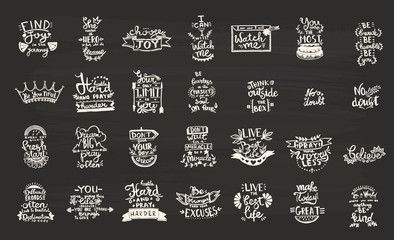 Vector Chalkboard phrase handwriting calligraphy. Black and white engraved ink art. solated quotes illustration element.