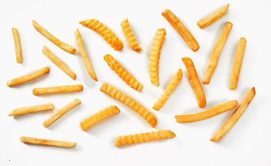 flat view of individual french fries in overhead view