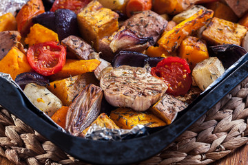 Roasted vegetables on baking metal tray