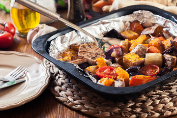 Roasted vegetables on baking metal tray