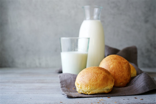 Homemade Buns For Burgers. Gray Food Background