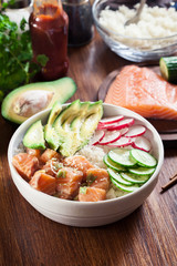 Poke bowl, traditional Hawaiian raw fish salad
