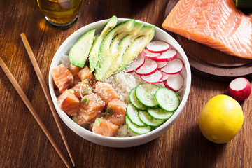 Poke bowl, traditional Hawaiian raw fish salad