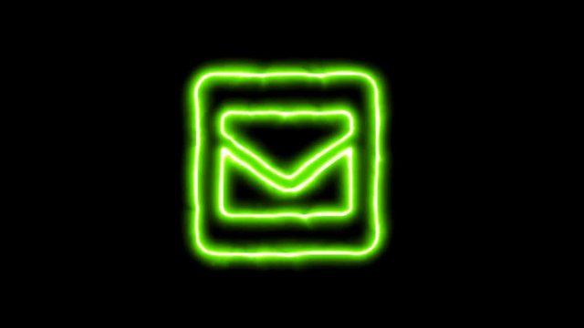 The appearance of the green neon symbol envelope square. Flicker, In - Out. Alpha channel Premultiplied - Matted with color black