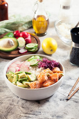 Poke bowl, traditional Hawaiian raw fish salad