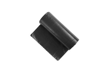 Black garbage bag isolated on white background.