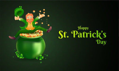 Banner or poster design with happy leprechaun man sitting on traditional coins pot for Happy St. Patrick's Day celebration concept.