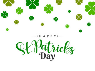 Stylish lettering of Happy St. Patrick's Day on clover leaves decorated white background can be used as greeting card design.