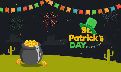 Flat style illustration of traditional coin pot on holiday celebration background for St. Patrick's Day poster or banner design.