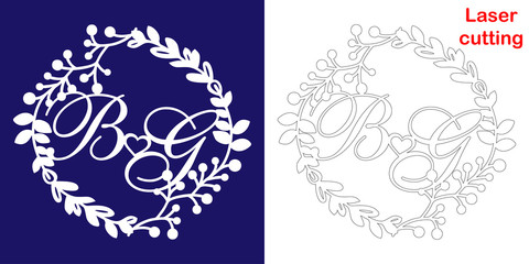 Wedding monogram for laser cutting. B G initials of the wedding decorative logo in a floral frame. The perfect gift for your wedding day