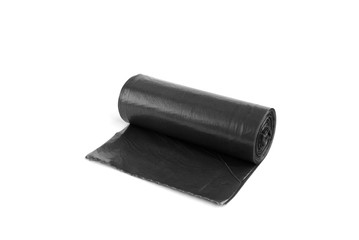 Black garbage bag isolated on white background.