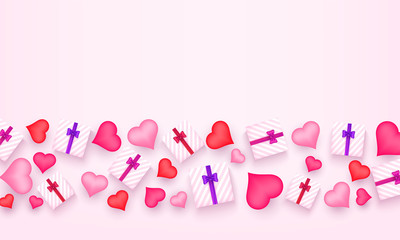 Top view of gift boxes and heart shapes decorated on pink background for Valentine's Day poster or greeting card design.