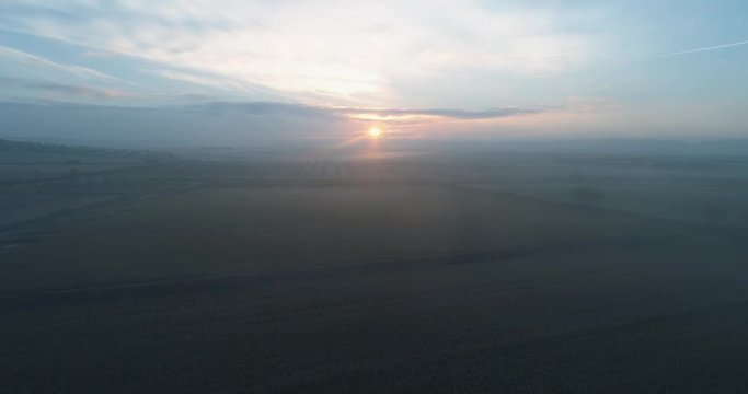 Frozen fields on foggy morning in LLeida Catalonia Spain