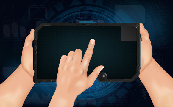 Hi tech tablet, template. Futuristic digital tablet with hands, template. Vector illustration