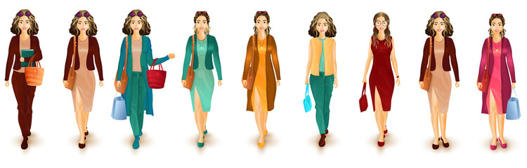 Set of Urban girls character in western outfit on white background.