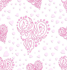 Decorated hearts. Seamless pattern. Pink lilac tone. Design for festive backgrounds for wedding, Valentine's Day.