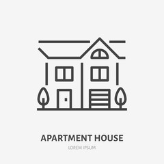 Country house flat line icon. Vector thin sign of summer cottage with trees, suburban property logo. Real estate rent illustration