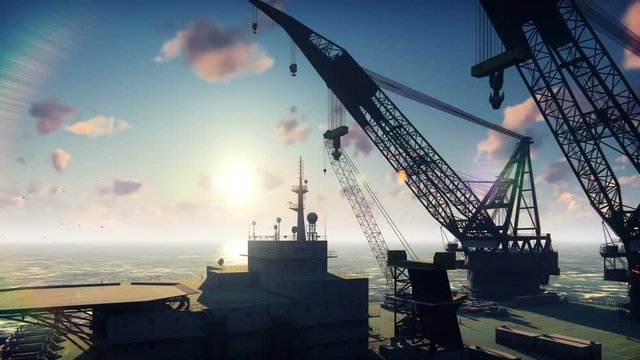 Oil platform, offshore platform, or offshore drilling rig in sea at sunrise. Realistic cinematic animation.